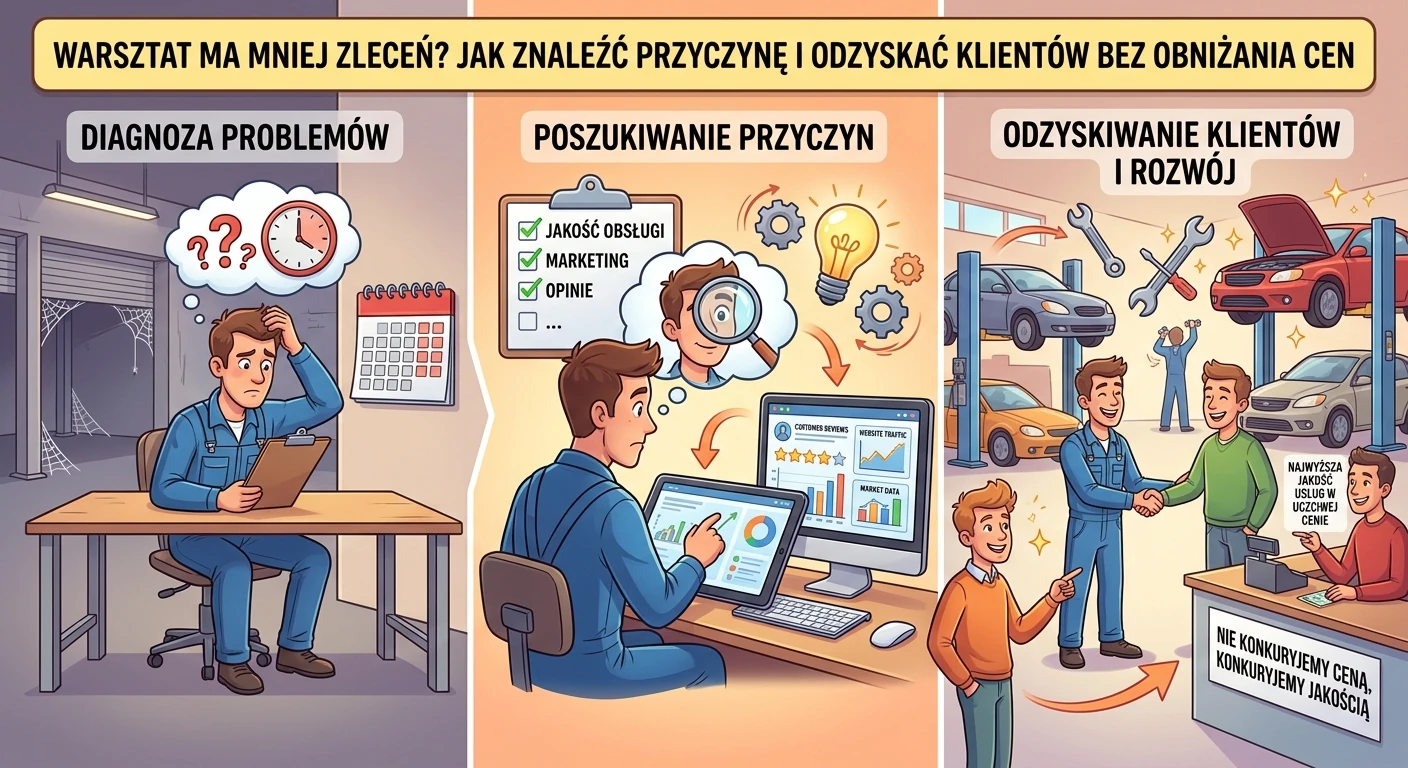 Właściciel analizujący mniej zleceń i wolne terminy w warsztacie samochodowym
