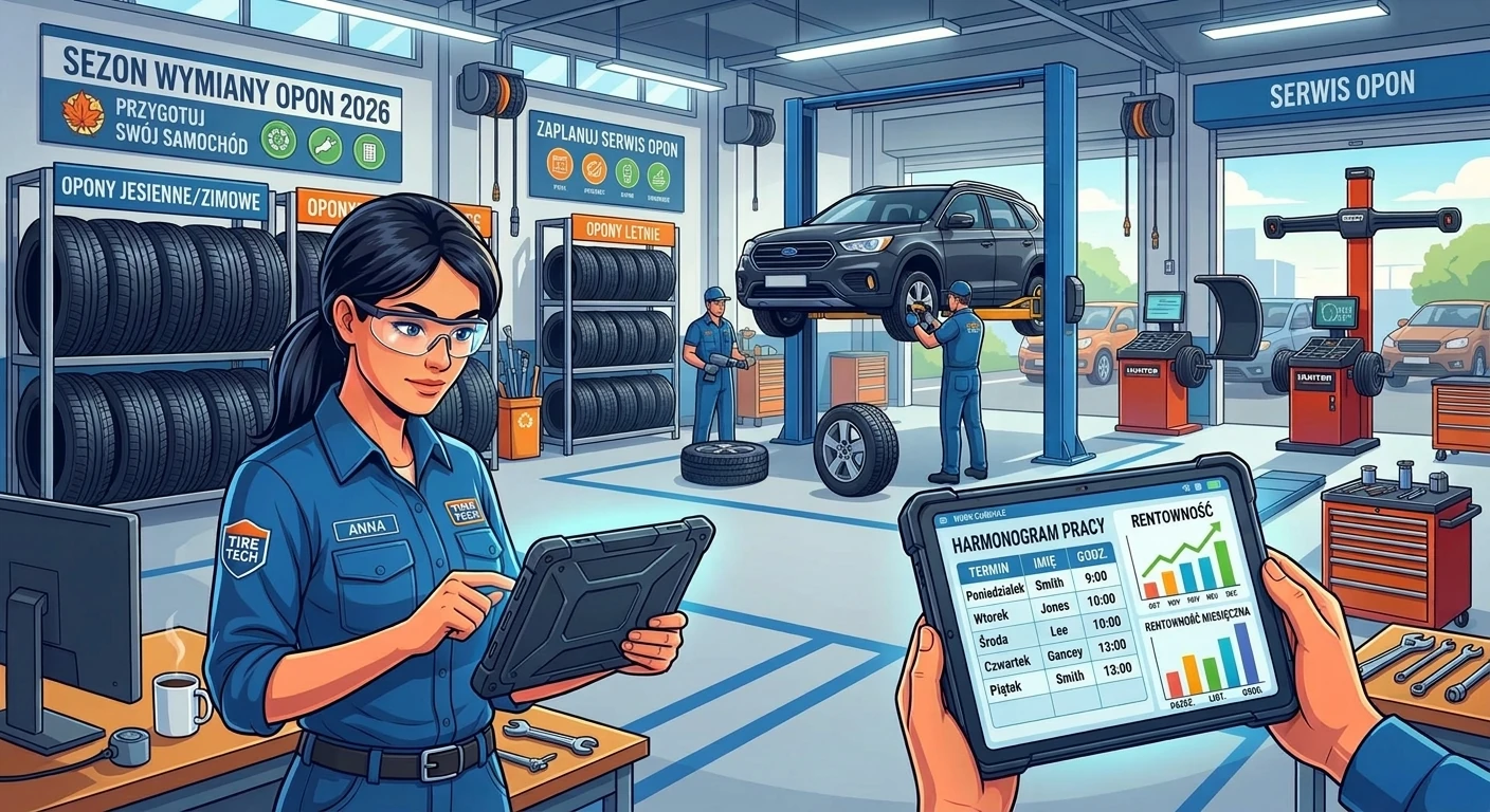 Sezon wymiany opon 2026 – mechanik organizujący bezpieczną pracę serwisu oponiarskiego